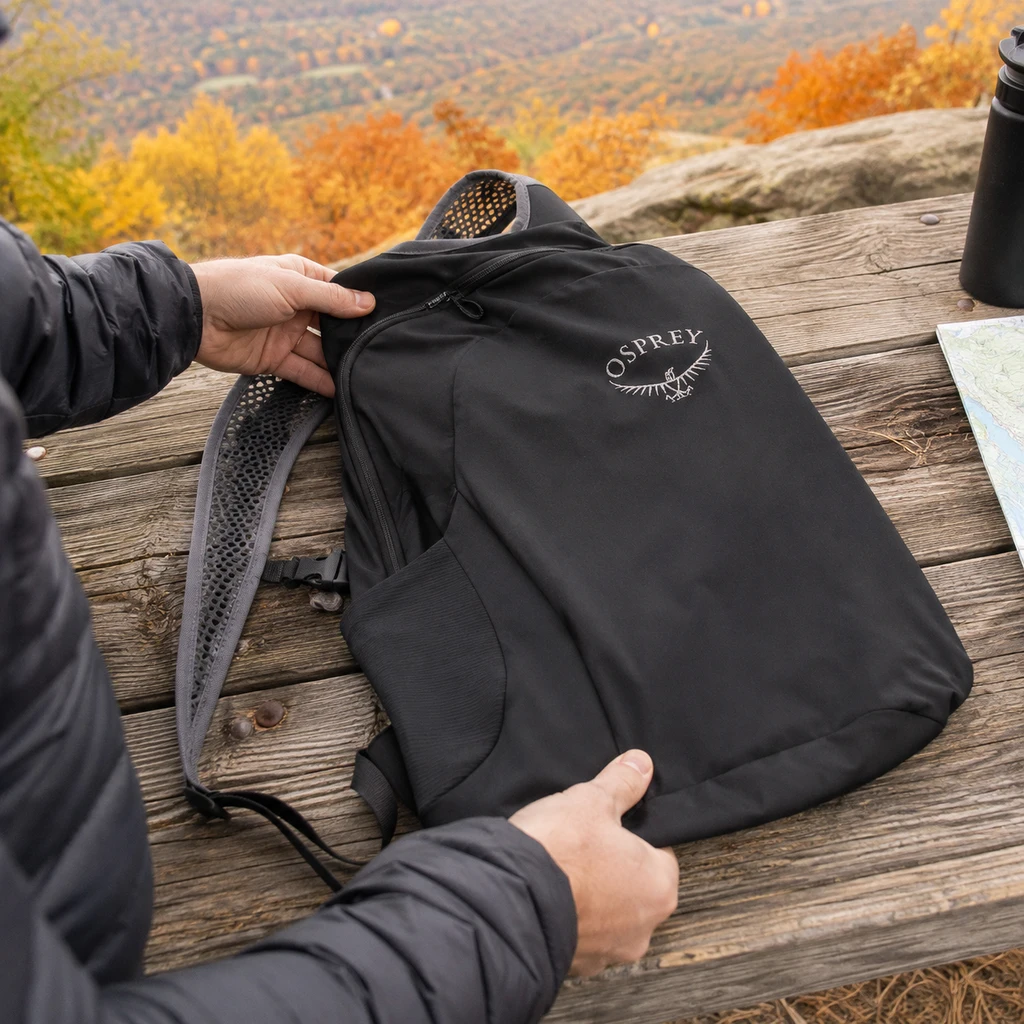 Osprey Ultralight Stuff Pack unrolled on a picnic table at an overlook