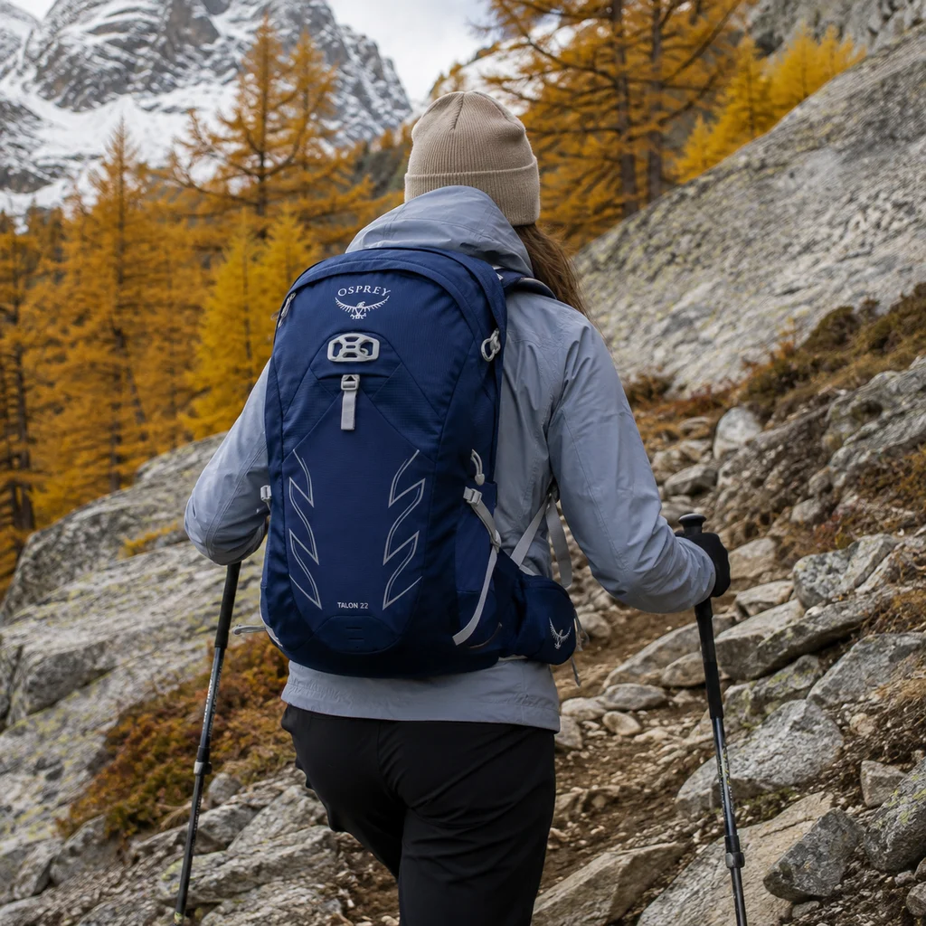 Osprey Talon 22 hiking pack worn on a rocky autumn climb