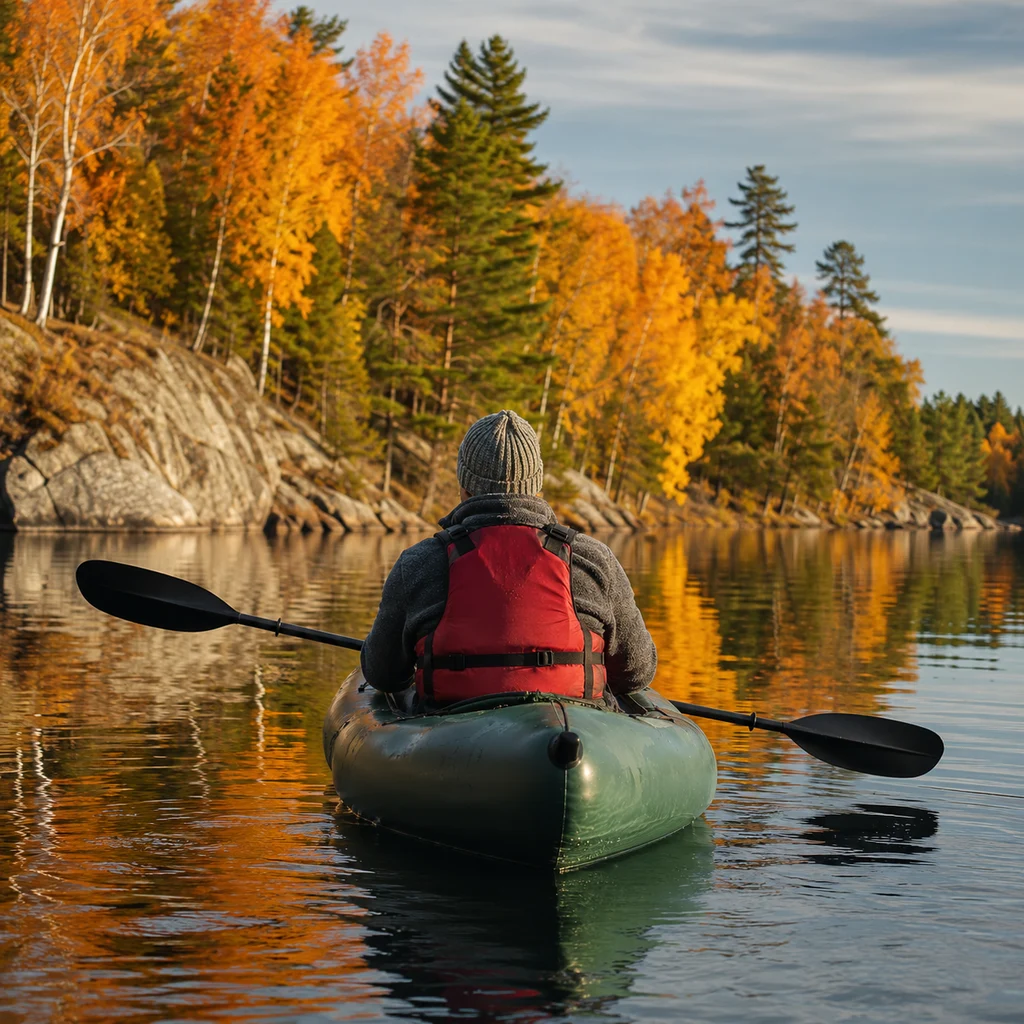 Inflatable kayak on still water among orange autumn reflections