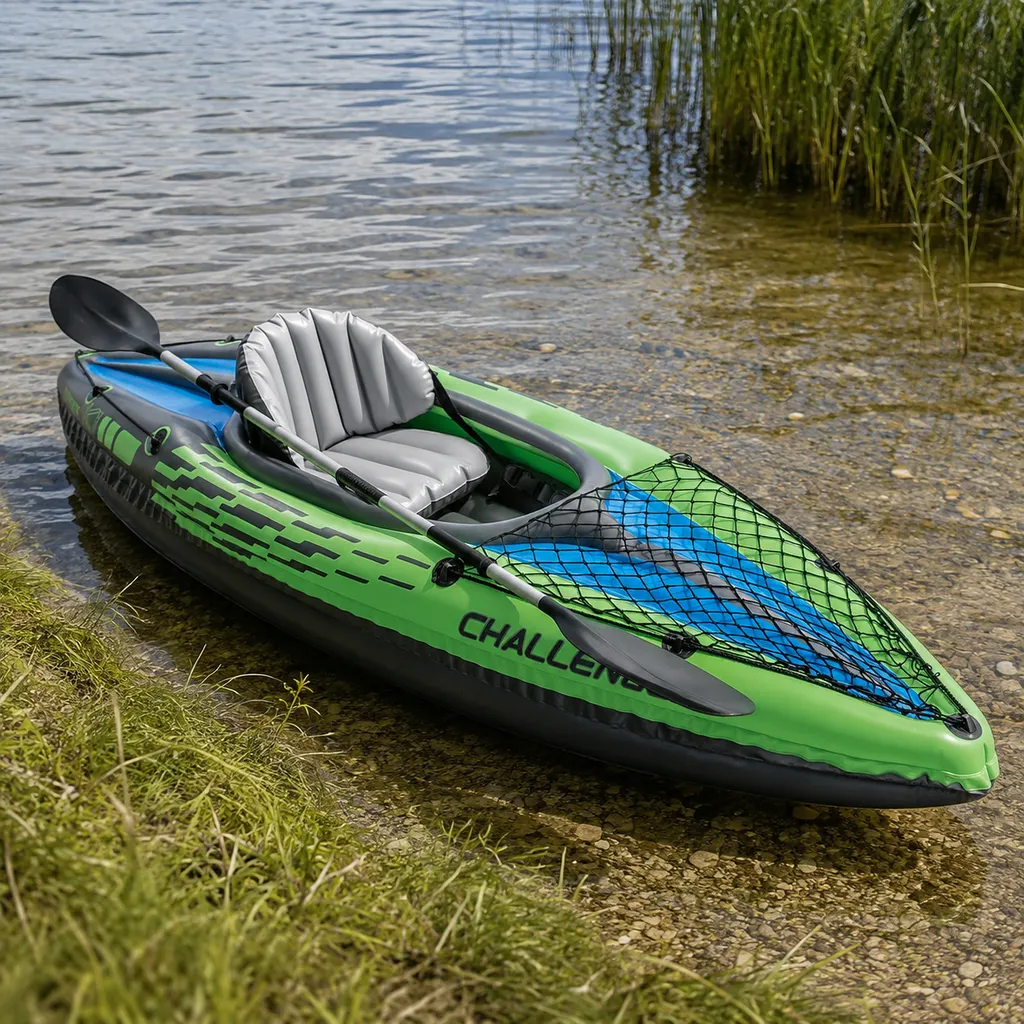 Intex Challenger K1 inflatable kayak in shallow water at a lake edge