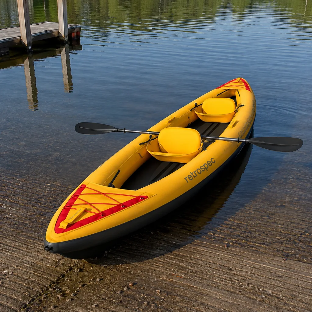 Retrospec Coaster drop stitch kayak at a calm lake launch ramp