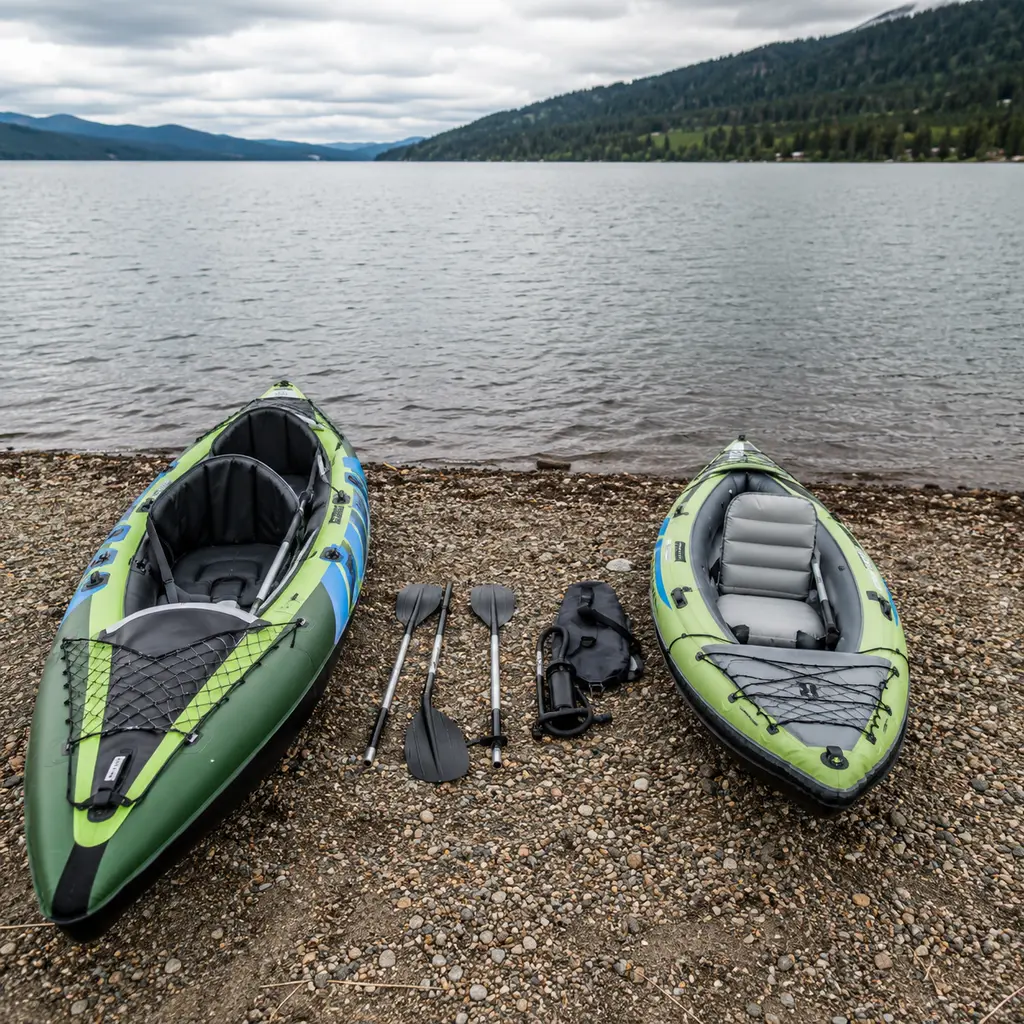Two inflatable kayaks of different sizes side by side on a shingle beach