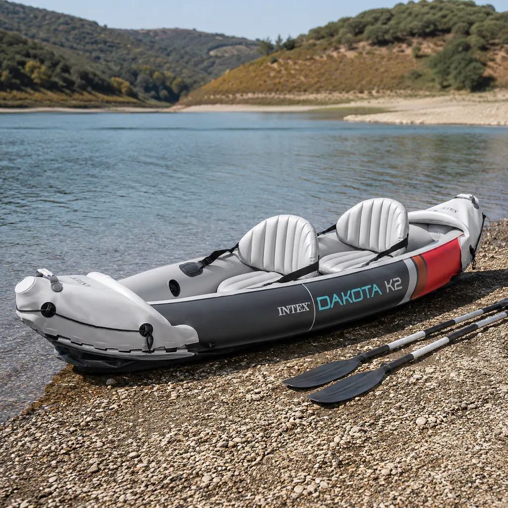 Intex Dakota K2 inflatable kayak on a shingle shore at a reservoir