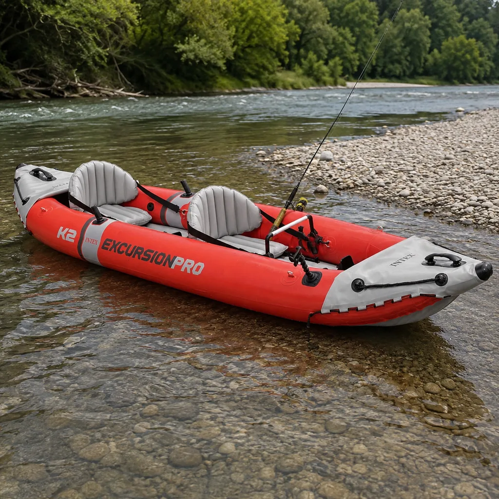 Intex Excursion Pro K2 fishing kayak on a slow river beside a gravel bar