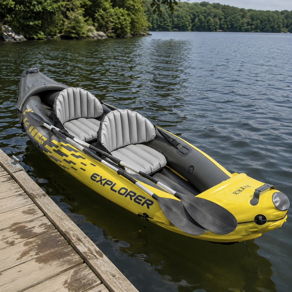 Intex Explorer K2 inflatable kayak floating beside a wooden dock