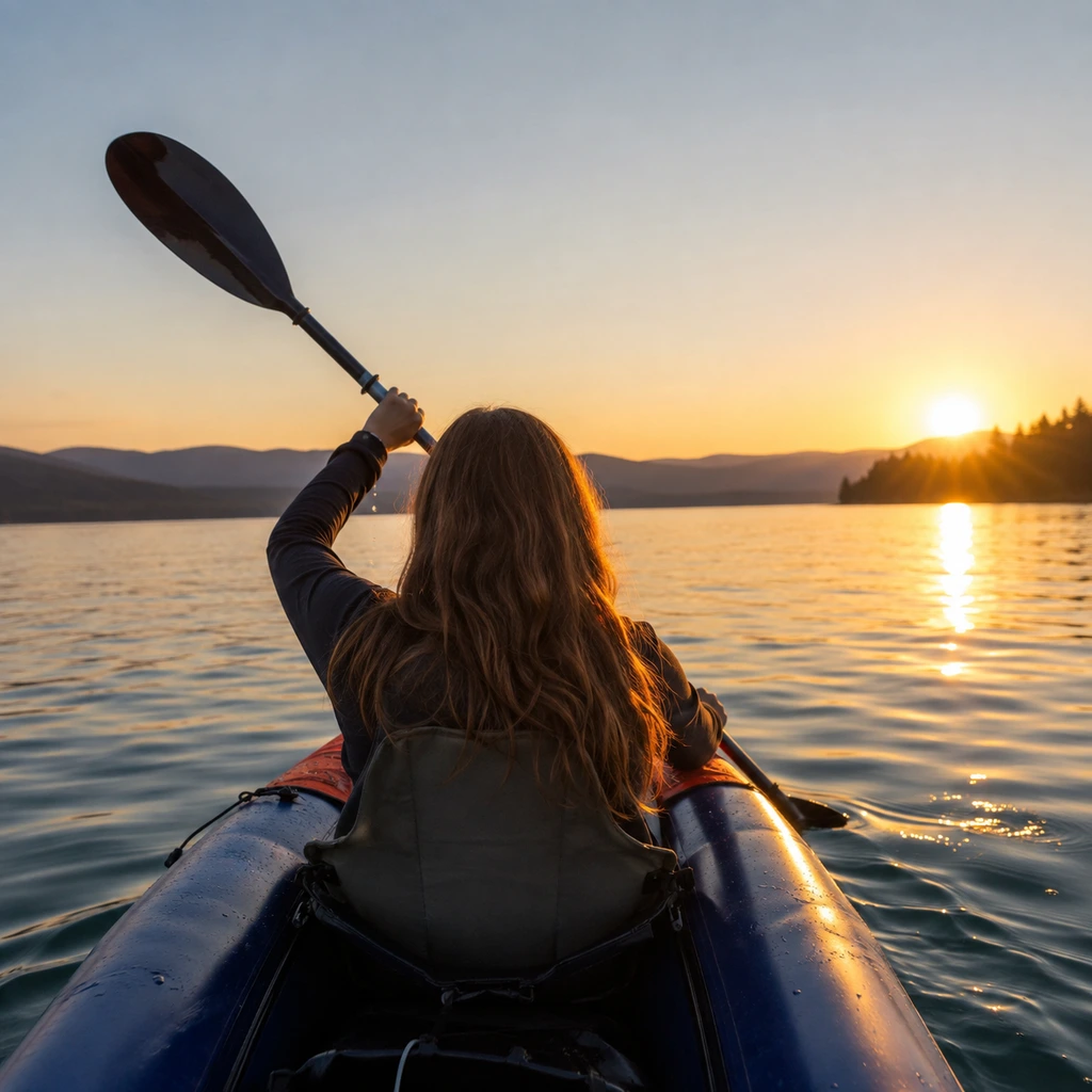 Paddling an inflatable kayak on a calm lake at golden hour