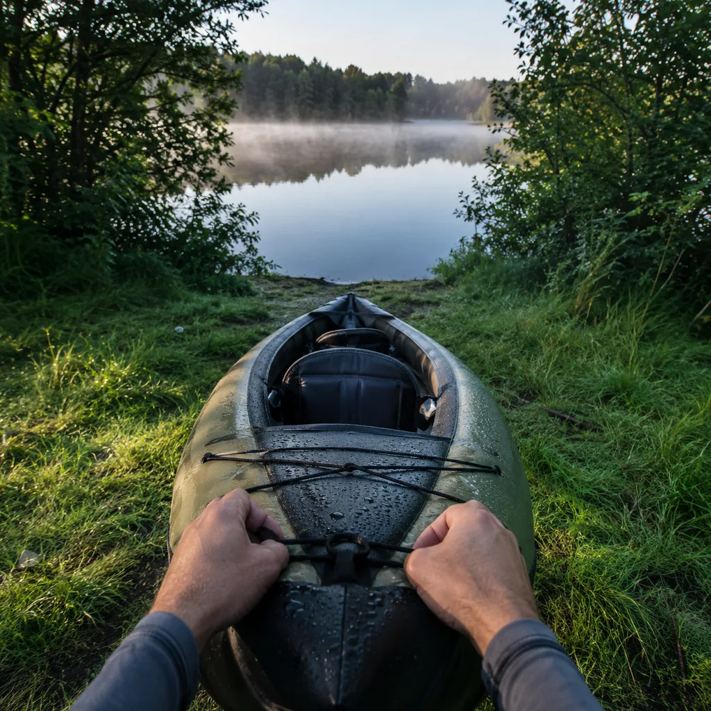 Carrying the best inflatable kayak down a grassy bank to a calm lake