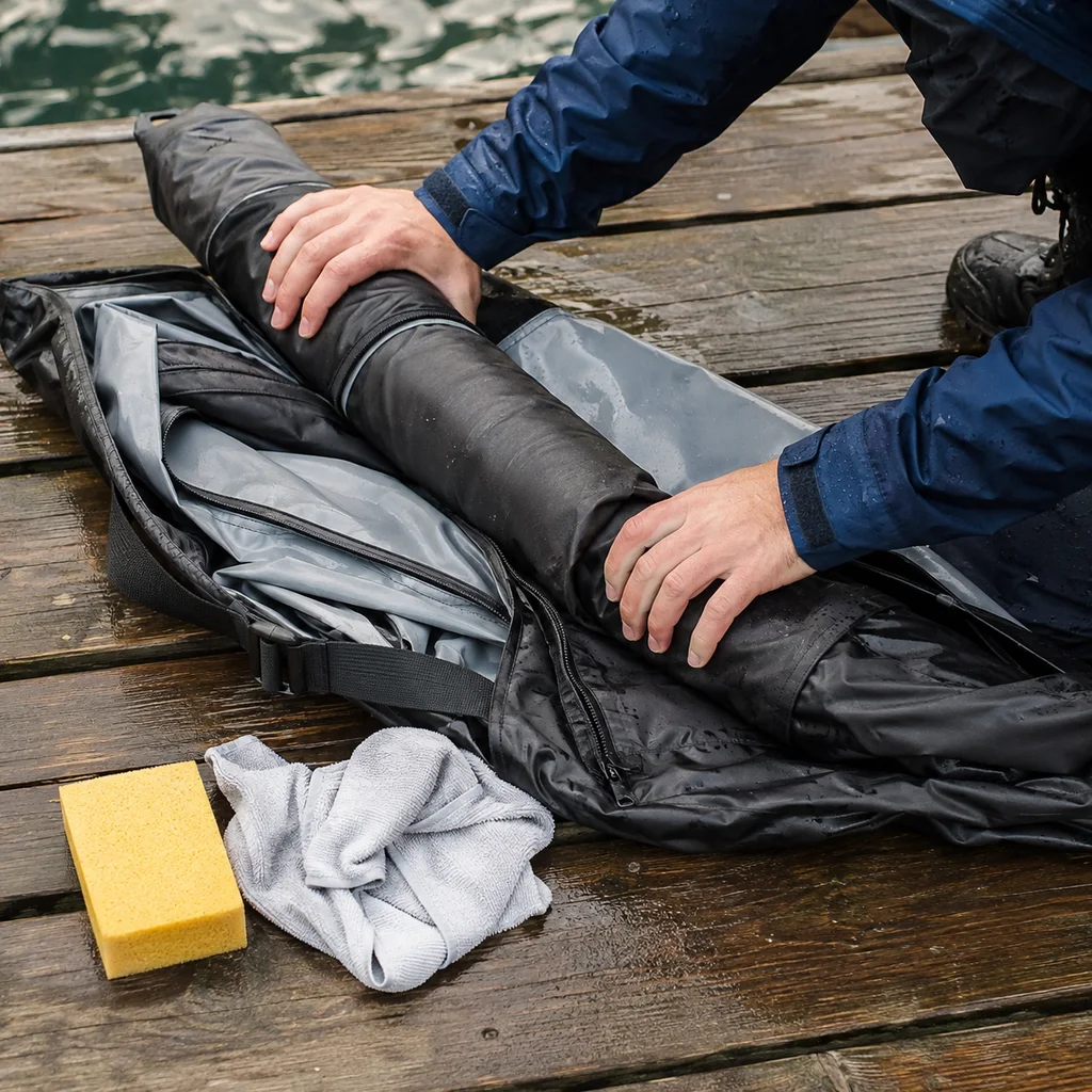 Rolling a deflated kayak into its carry bag on a wooden dock