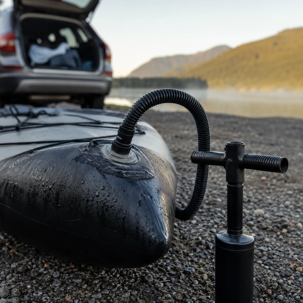 Hand pump attached to the valve of a partly inflated kayak at a launch
