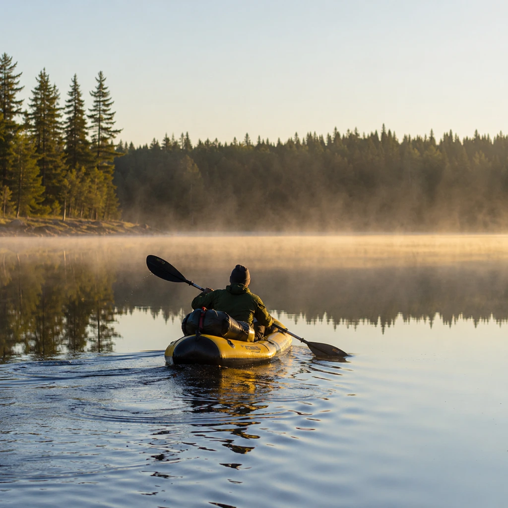Flat misty lake at first light with a kayak leaving a soft wake