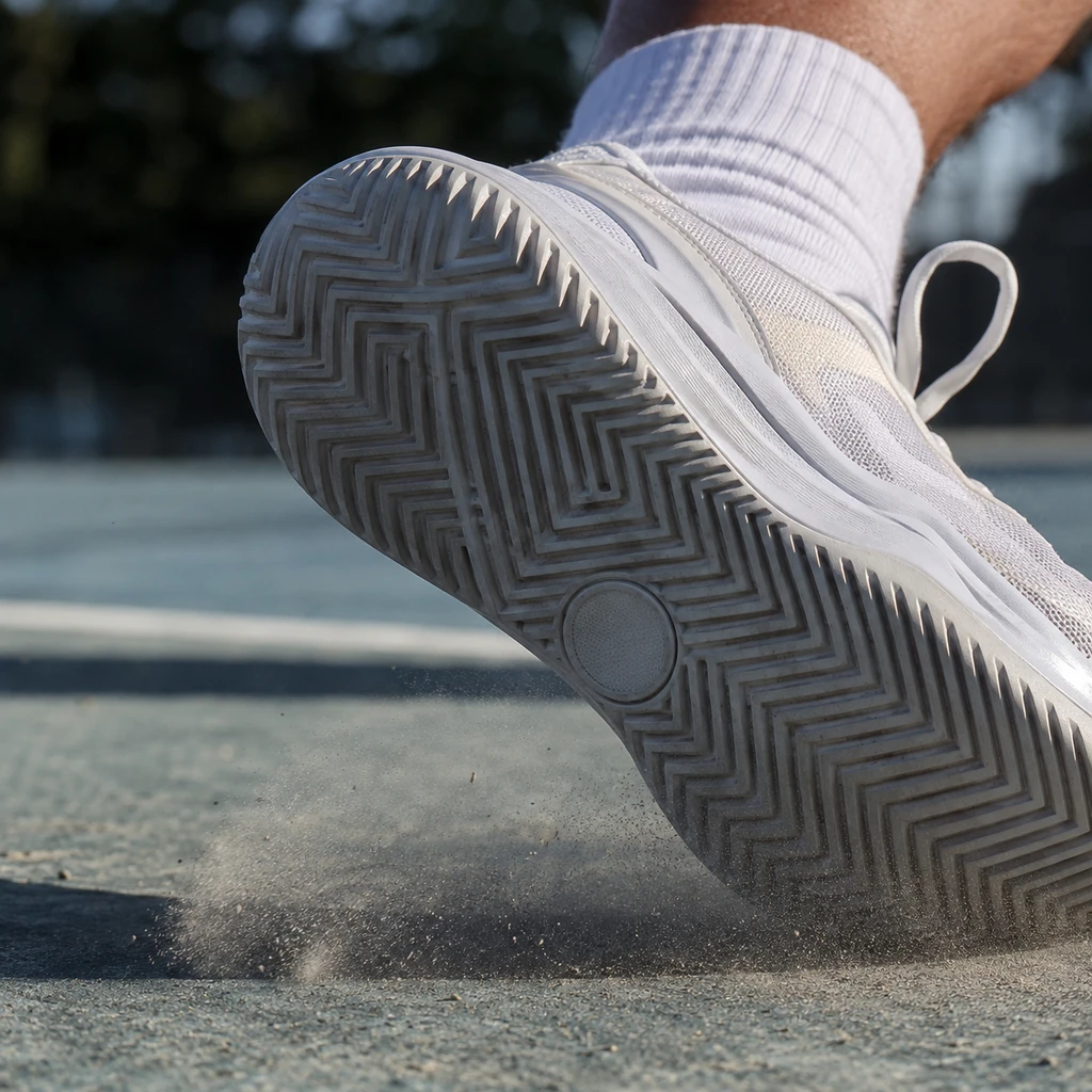 Herringbone outsole gripping textured outdoor court concrete