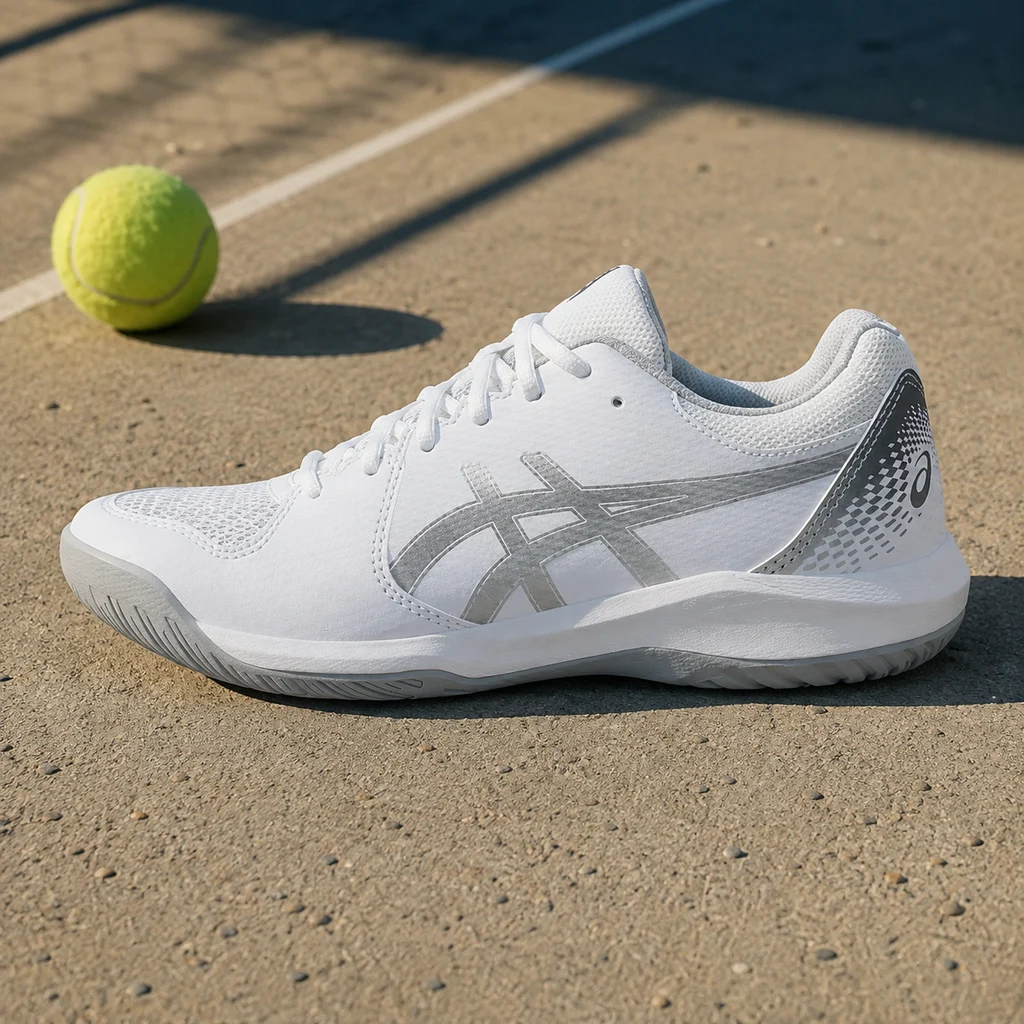 ASICS Gel-Dedicate 8 tennis shoe on textured outdoor court concrete