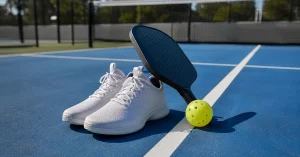 White court shoes and a paddle on the kitchen line of a blue court