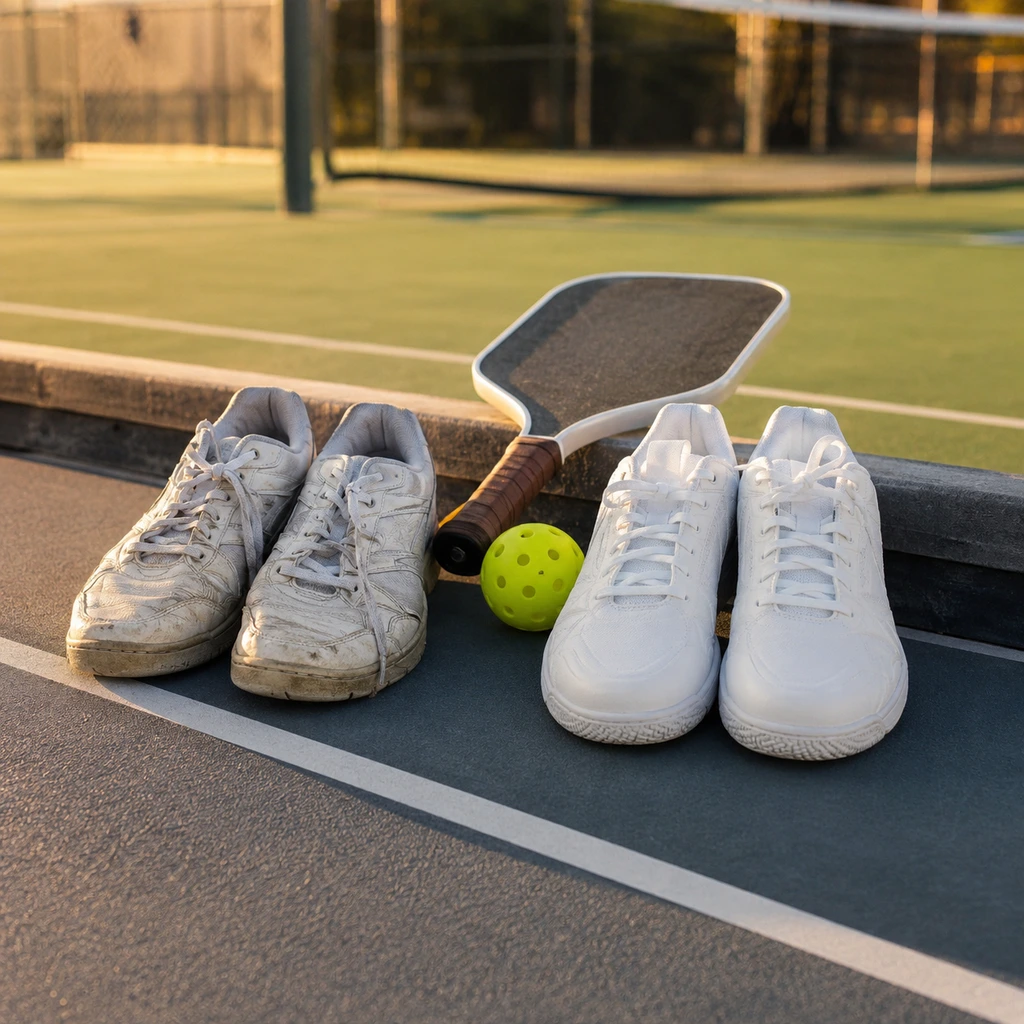 A worn pair of court shoes beside a newer pair at golden hour
