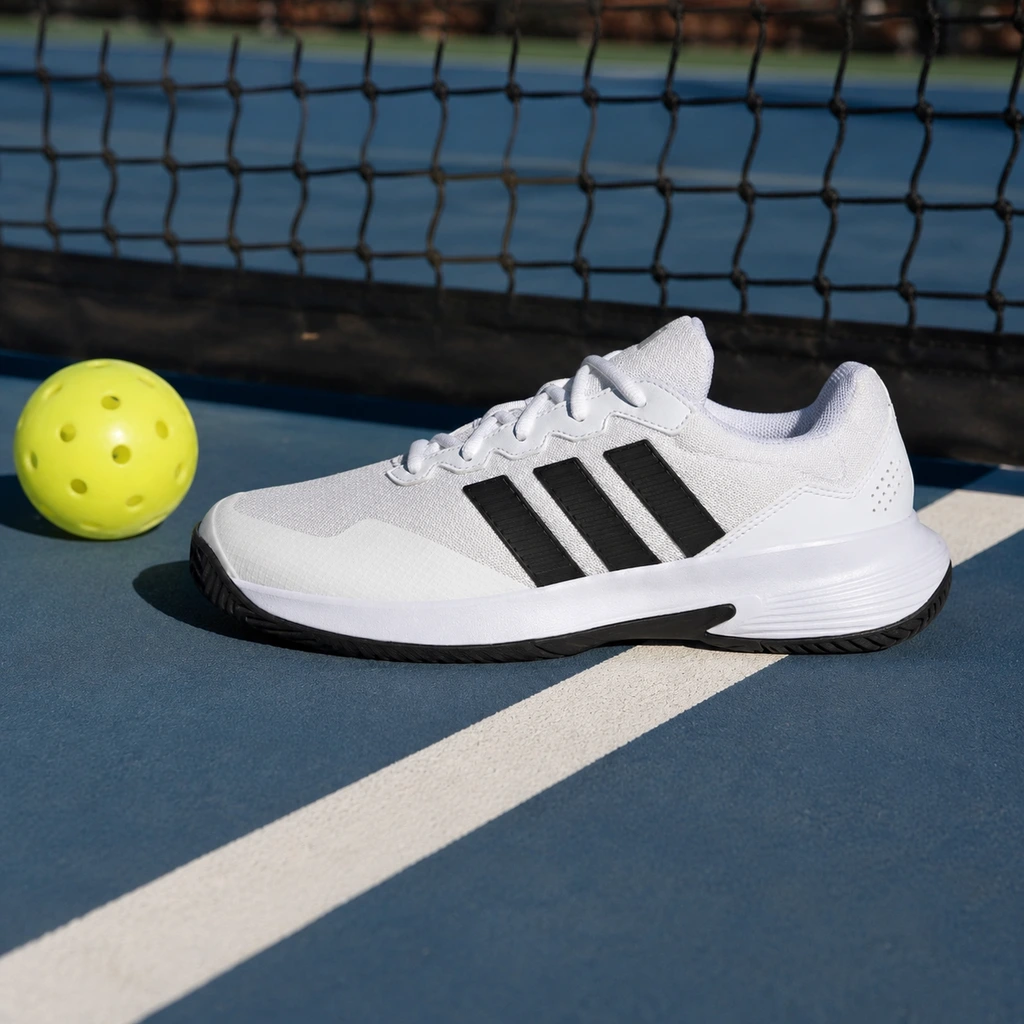 adidas Gamecourt 2 tennis shoe on the kitchen line of a blue court