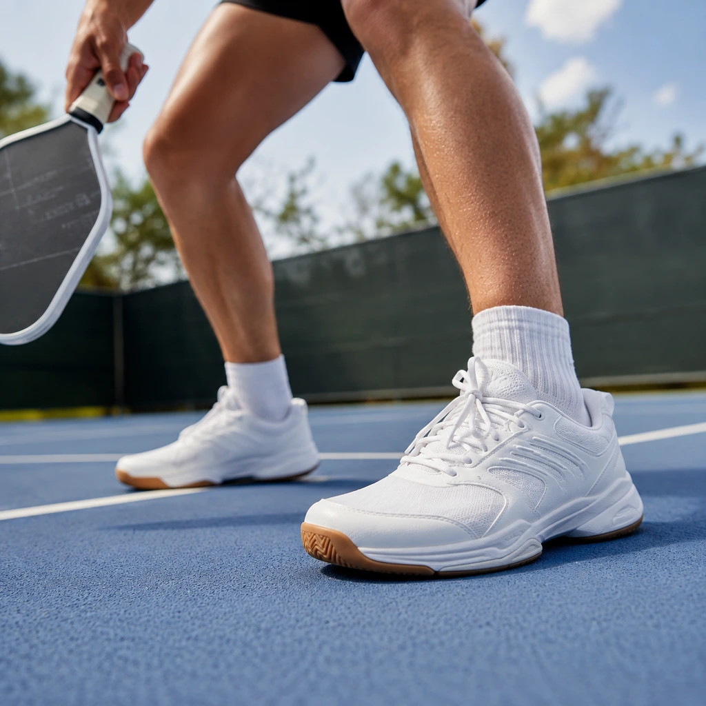 Low angle view of the best pickleball shoes planted wide on a blue court