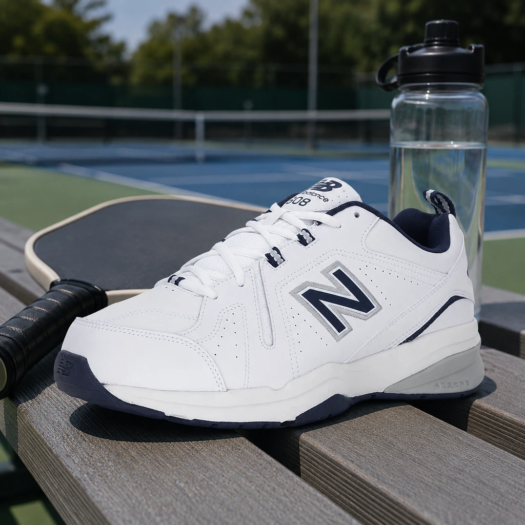 New Balance 608 V5 cross trainer on a courtside bench with a paddle
