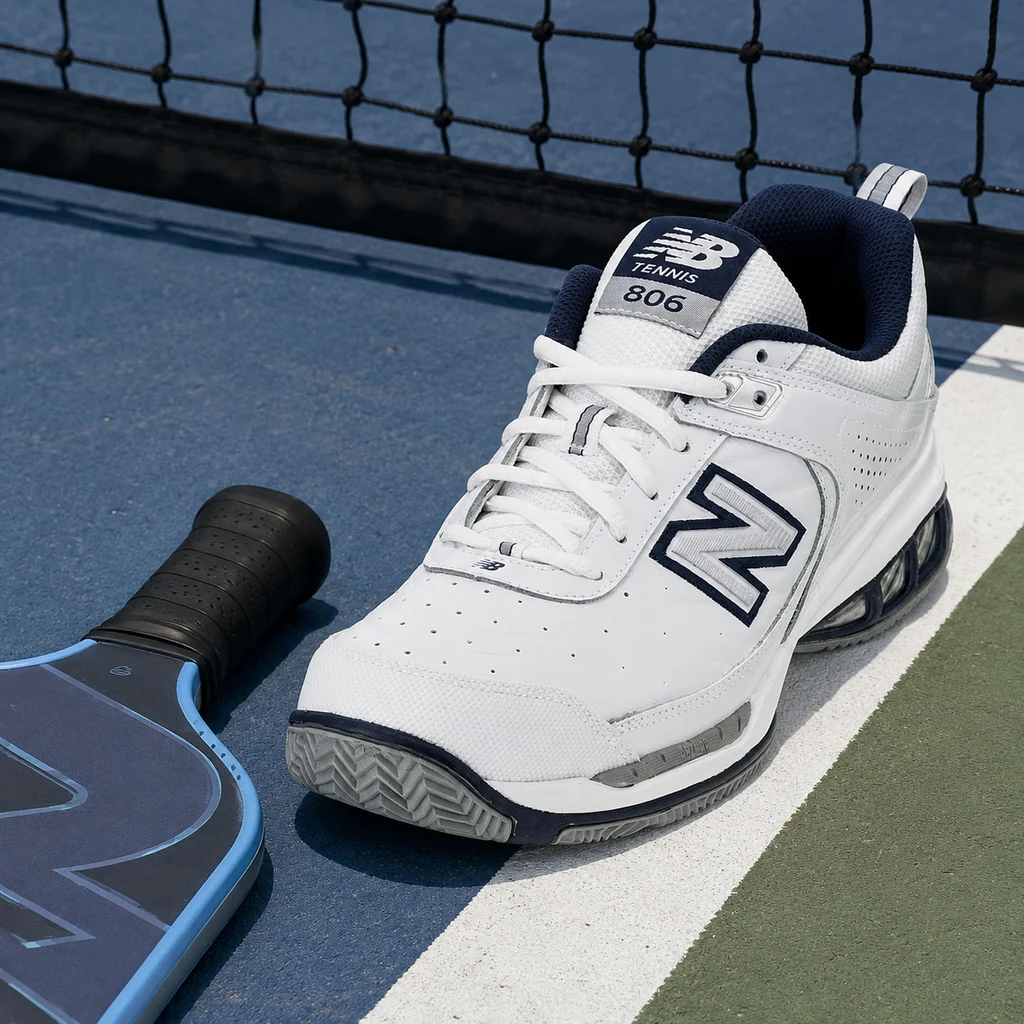 New Balance 806 leather court shoe on an outdoor court service line