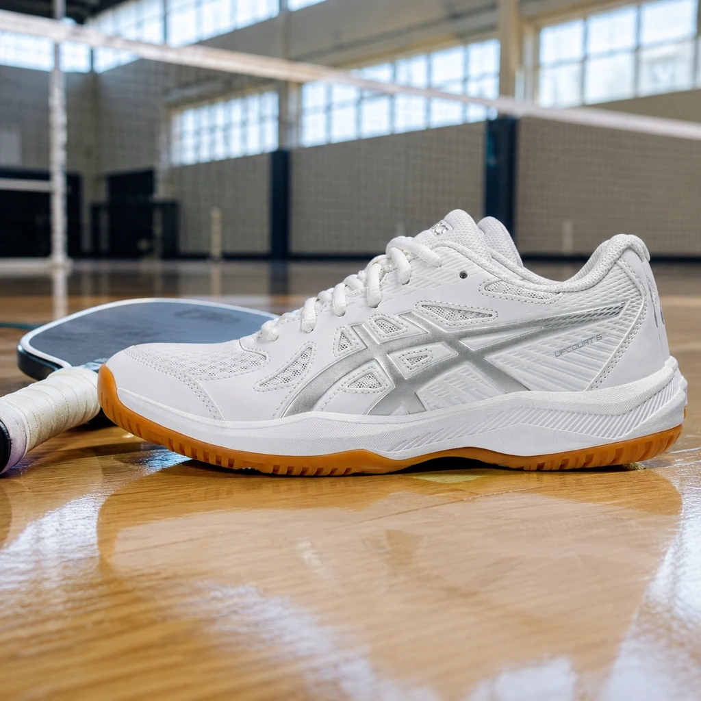 ASICS Upcourt 6 with its gum outsole on an indoor court floor