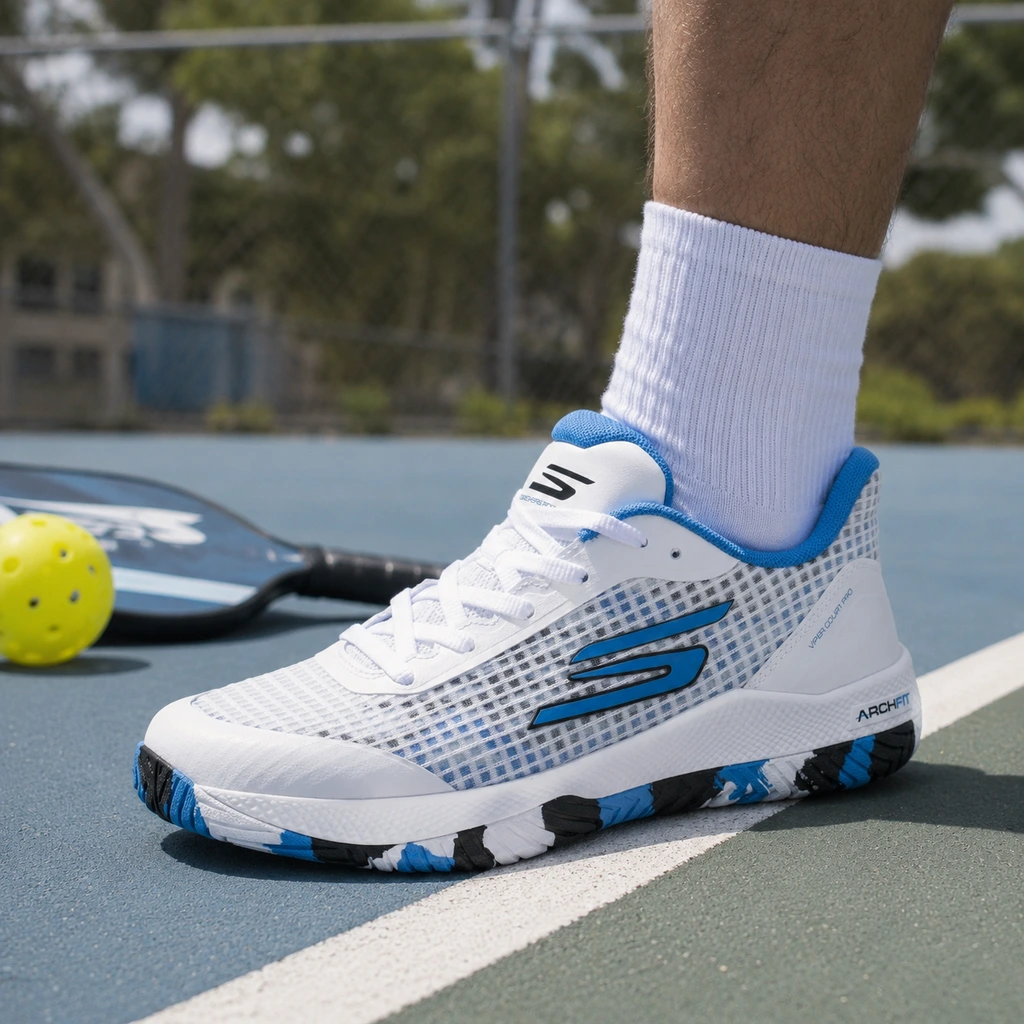 Skechers Viper Court Pro pickleball shoe on an outdoor court baseline