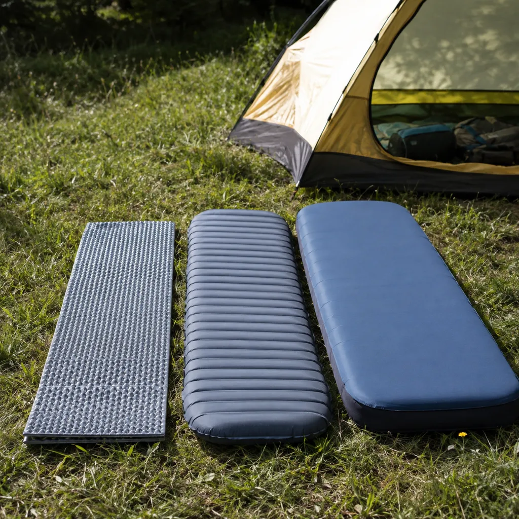 Foam mat, air pad and thick self inflating mattress side by side showing thickness
