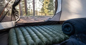 Inflated sleeping pad and rolled sleeping bag inside a tent at a forest campsite