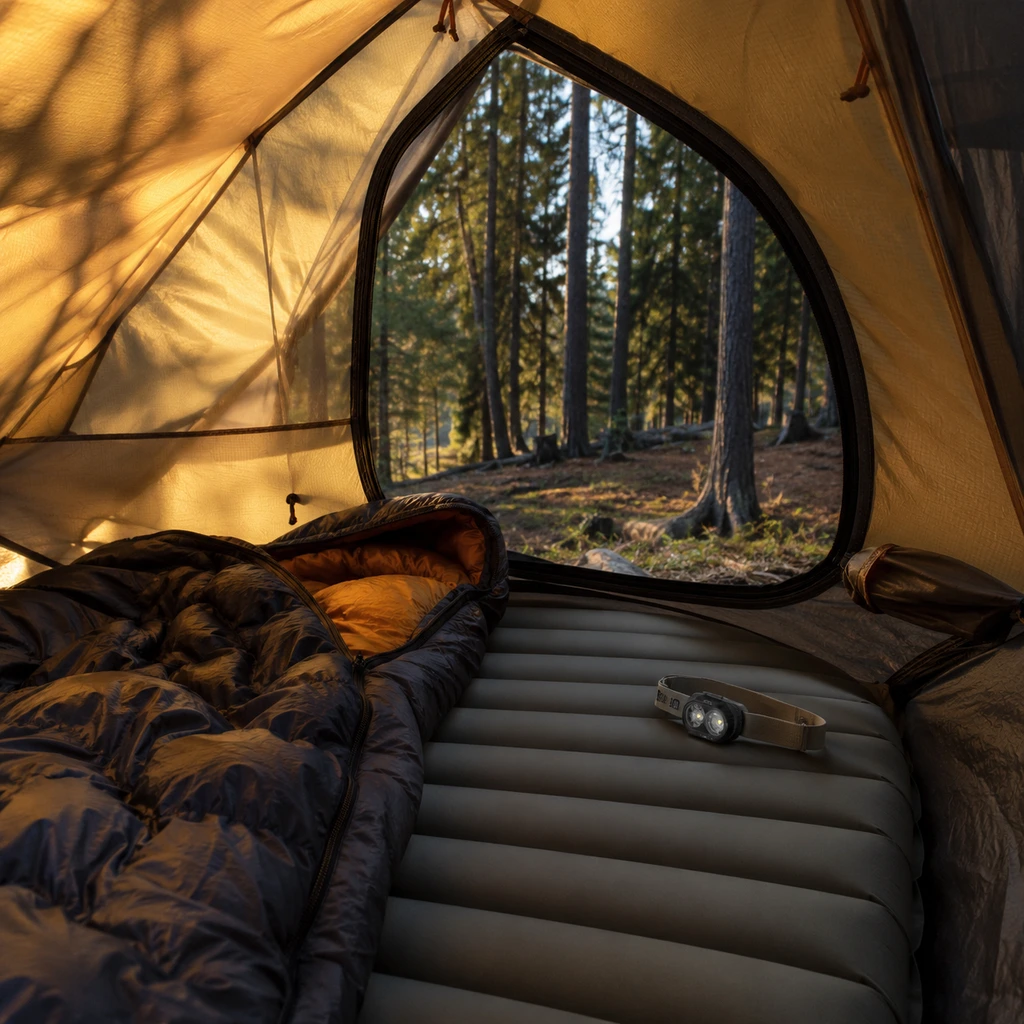 Tidy tent interior at golden hour with an inflated pad, sleeping bag and headlamp