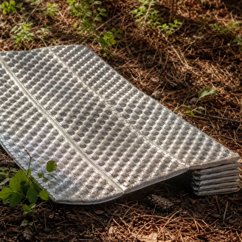 Accordion folded closed cell foam sleeping mat partly unfolded on forest ground