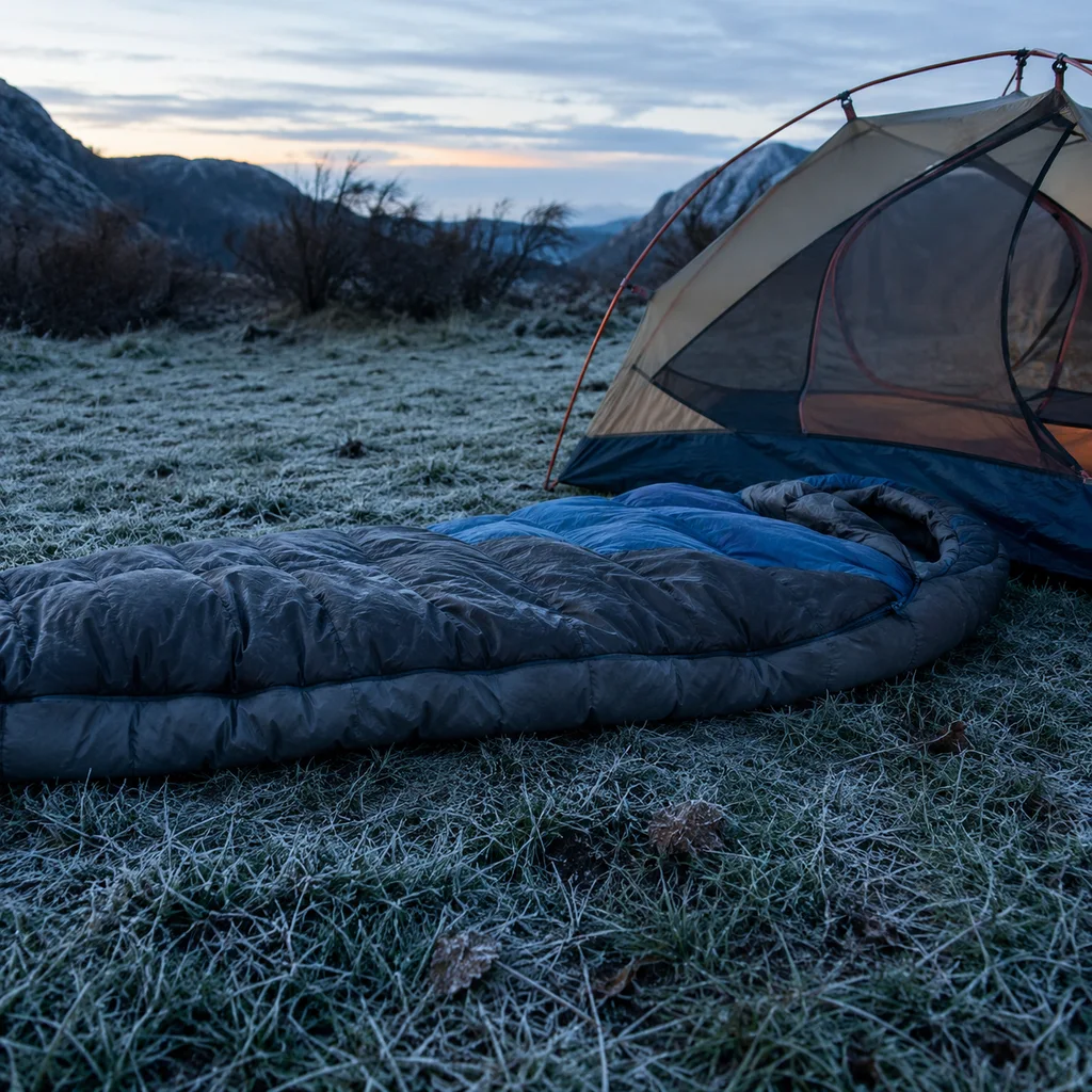 Sleeping bag on frosted ground showing how cold earth pulls heat from a camper
