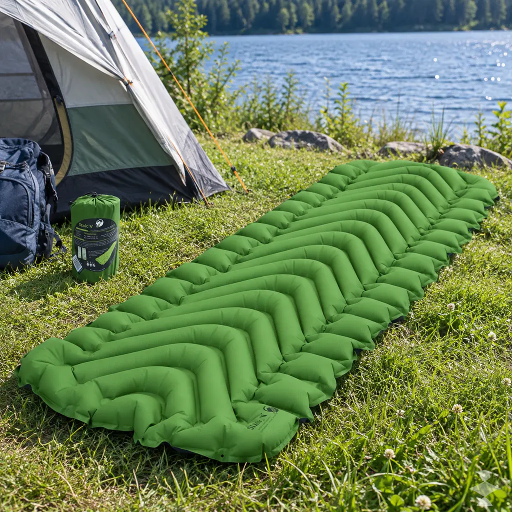 Klymit Static V inflatable pad on grass beside a lakeside tent