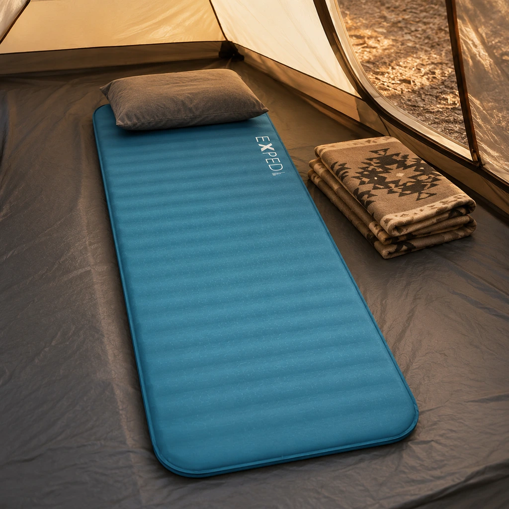 Exped MegaMat 10 thick self inflating mattress in a car camping tent