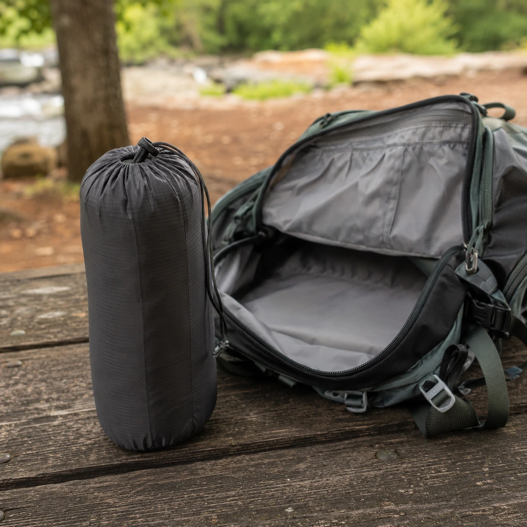 Sleeping pad rolled into its stuff sack beside an open backpack