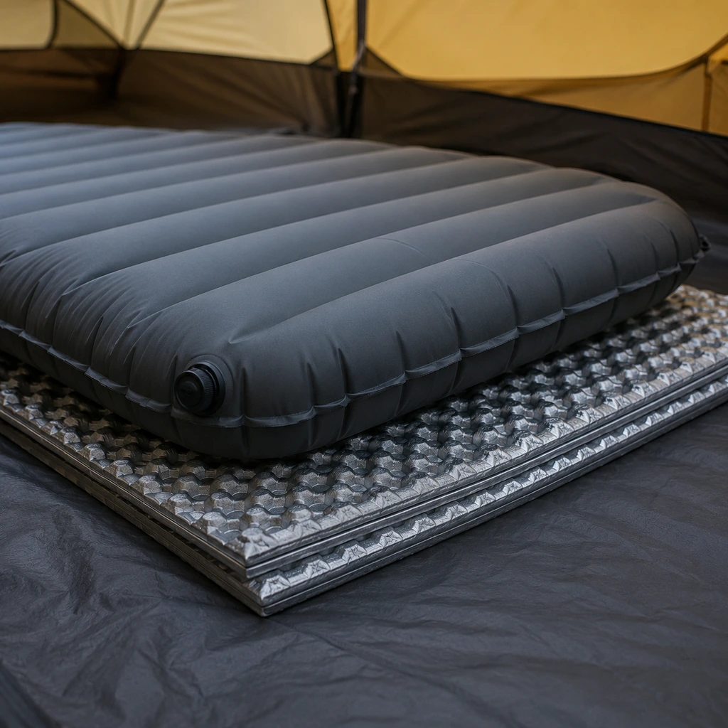 Foam mat layered under an inflatable pad to combine R-values for extra warmth