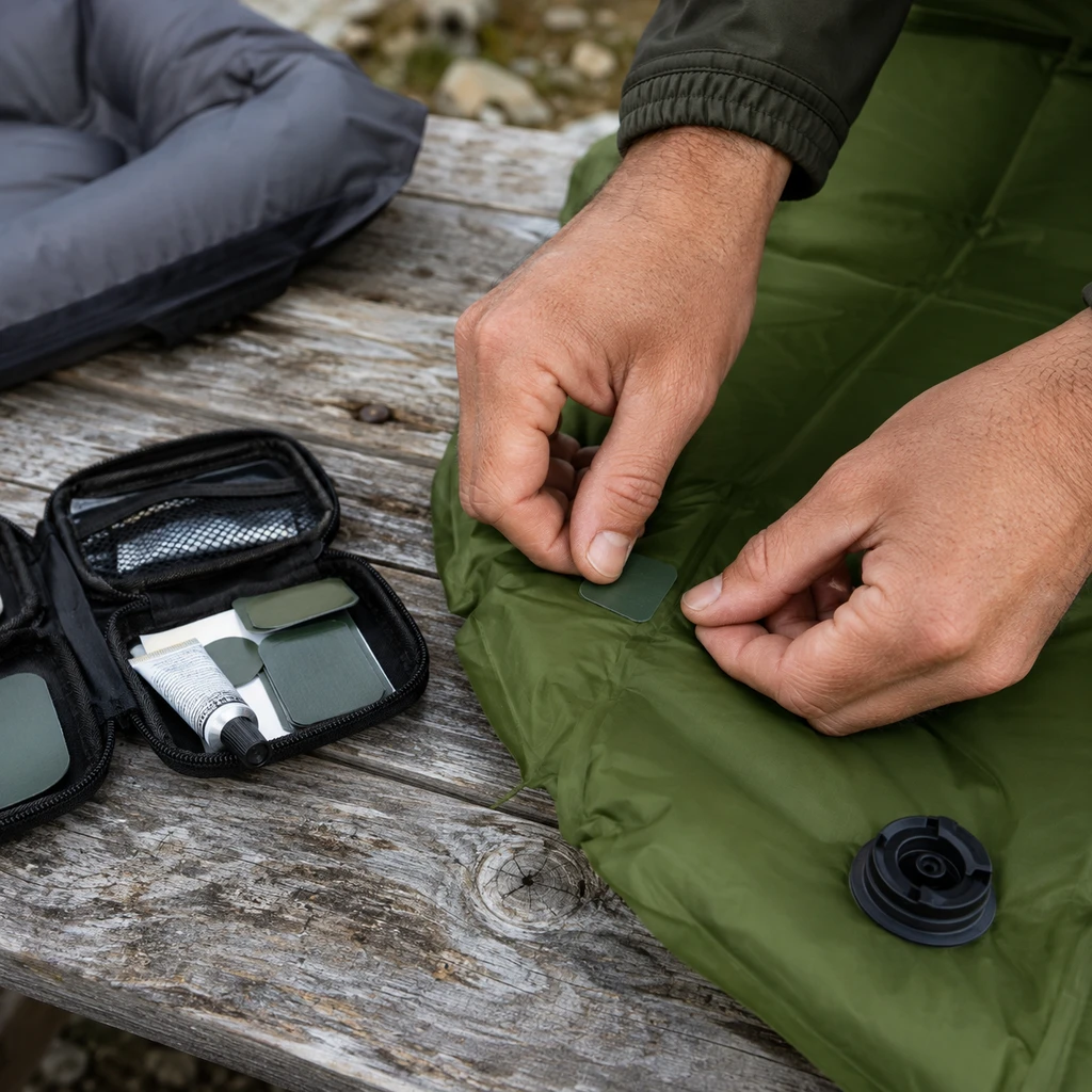 Hands applying an adhesive patch to a deflated sleeping pad on a picnic table