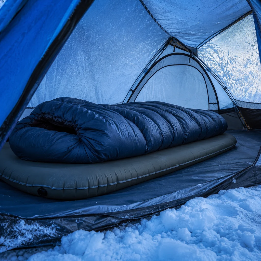 Thick insulated pad and winter sleeping bag in a tent pitched on snow