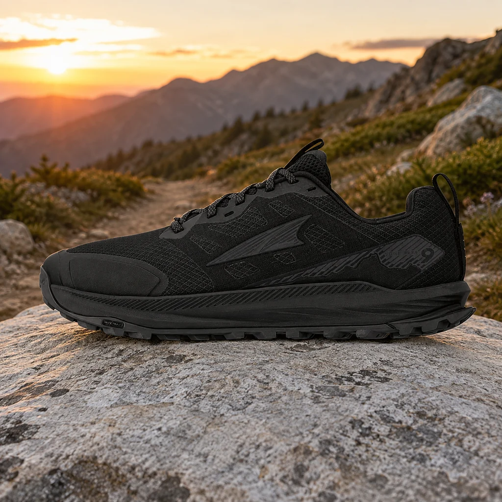 ALTRA Lone Peak 9 trail running shoe on a granite slab at sunrise