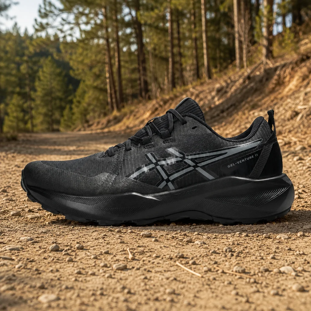 ASICS Gel-Venture 11 trail running shoe on a dirt fire road at the forest edge