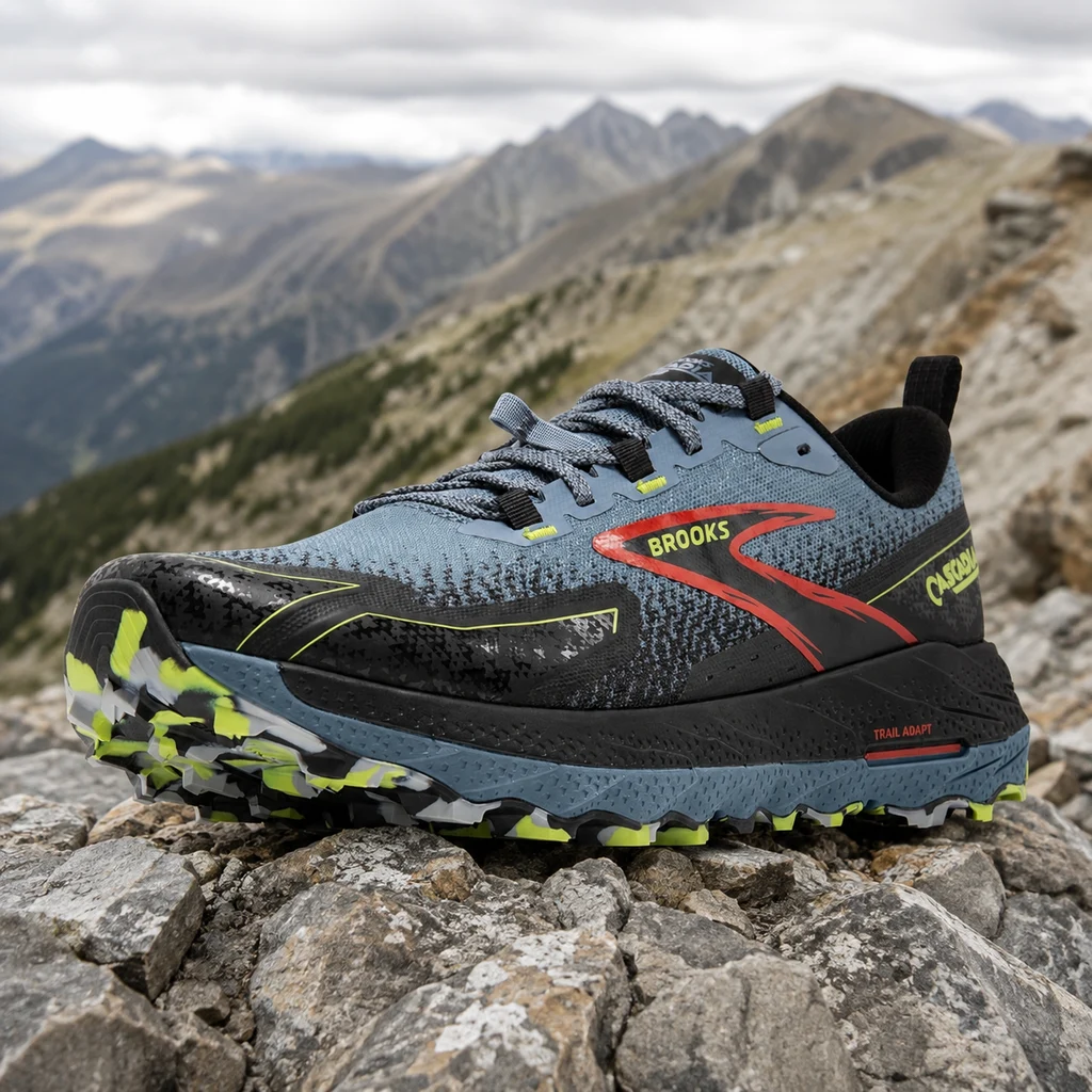Brooks Cascadia 18 trail running shoe standing on angular ridge rocks