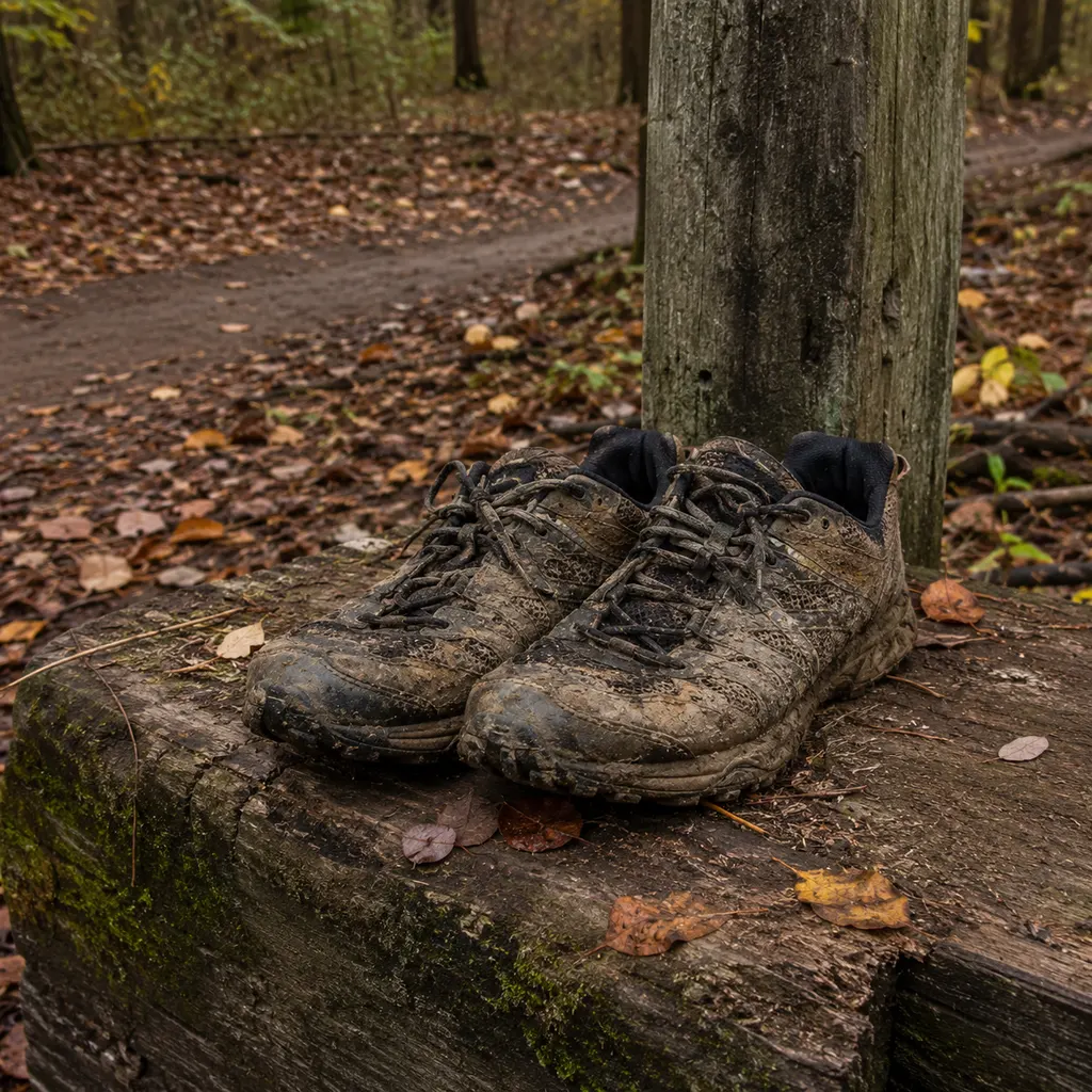 The best trail running shoes, a muddy pair resting at a forest trail signpost