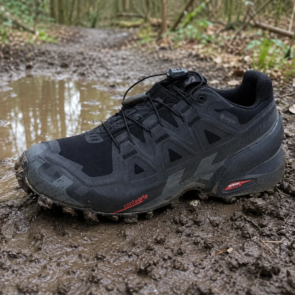 Salomon Speedcross 6 GTX trail running shoe pressed into wet woodland mud