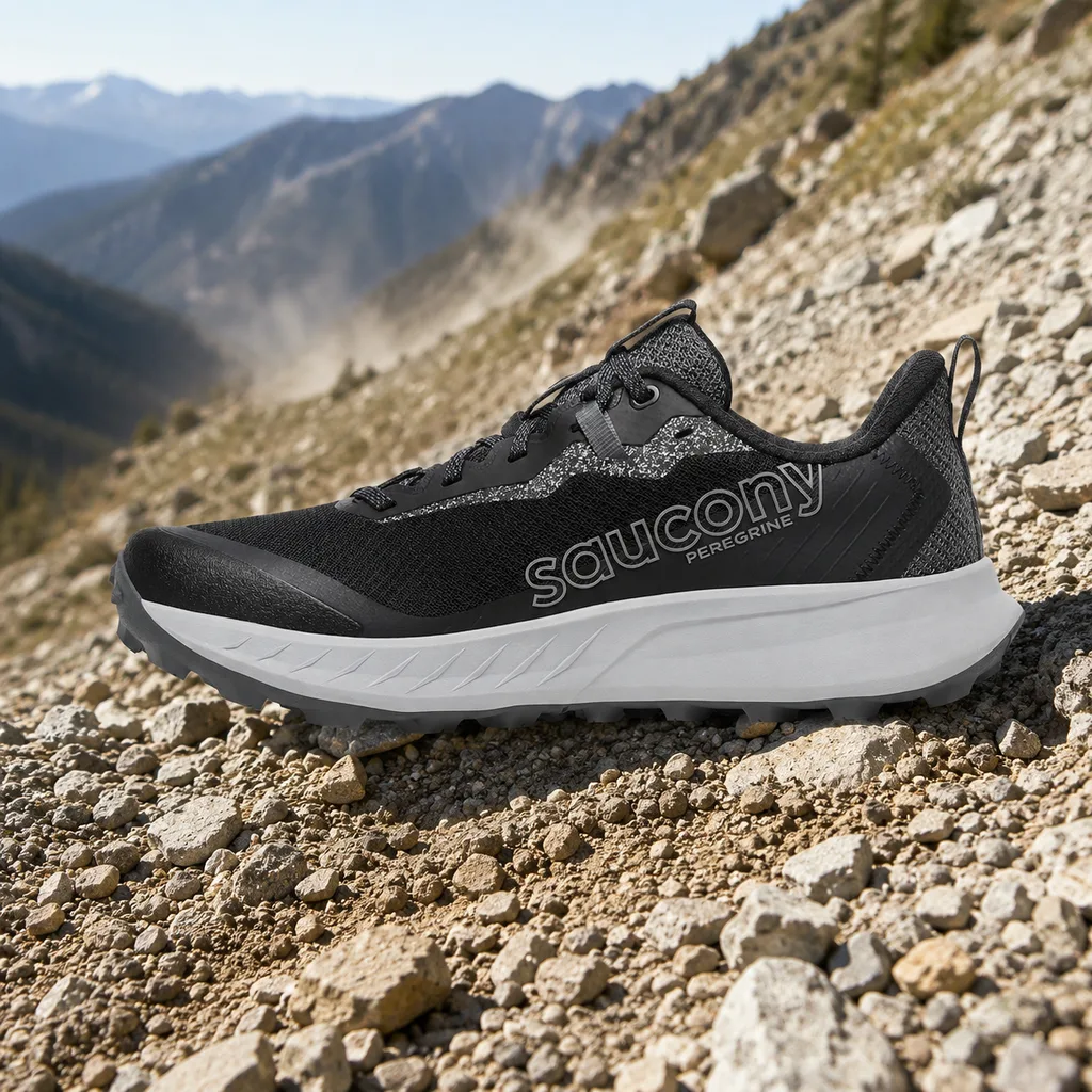 Saucony Peregrine 15 trail running shoe on loose gravel scree