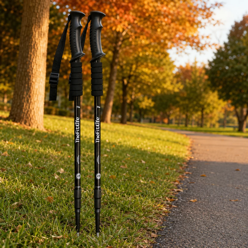 TheFitLife anti shock walking poles standing in grass beside a park path in autumn