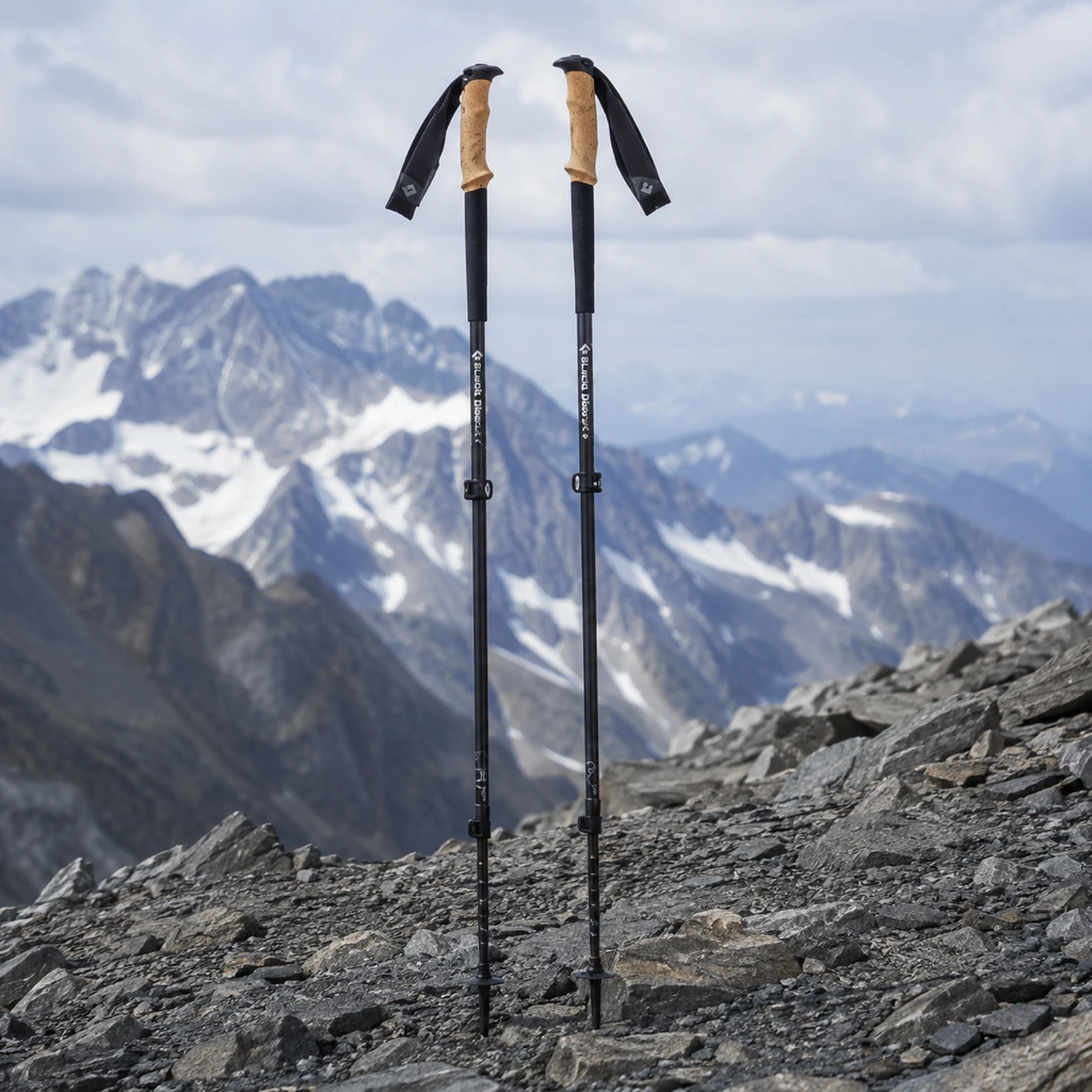 Black Diamond Alpine Carbon Cork poles planted in scree on an alpine ridge