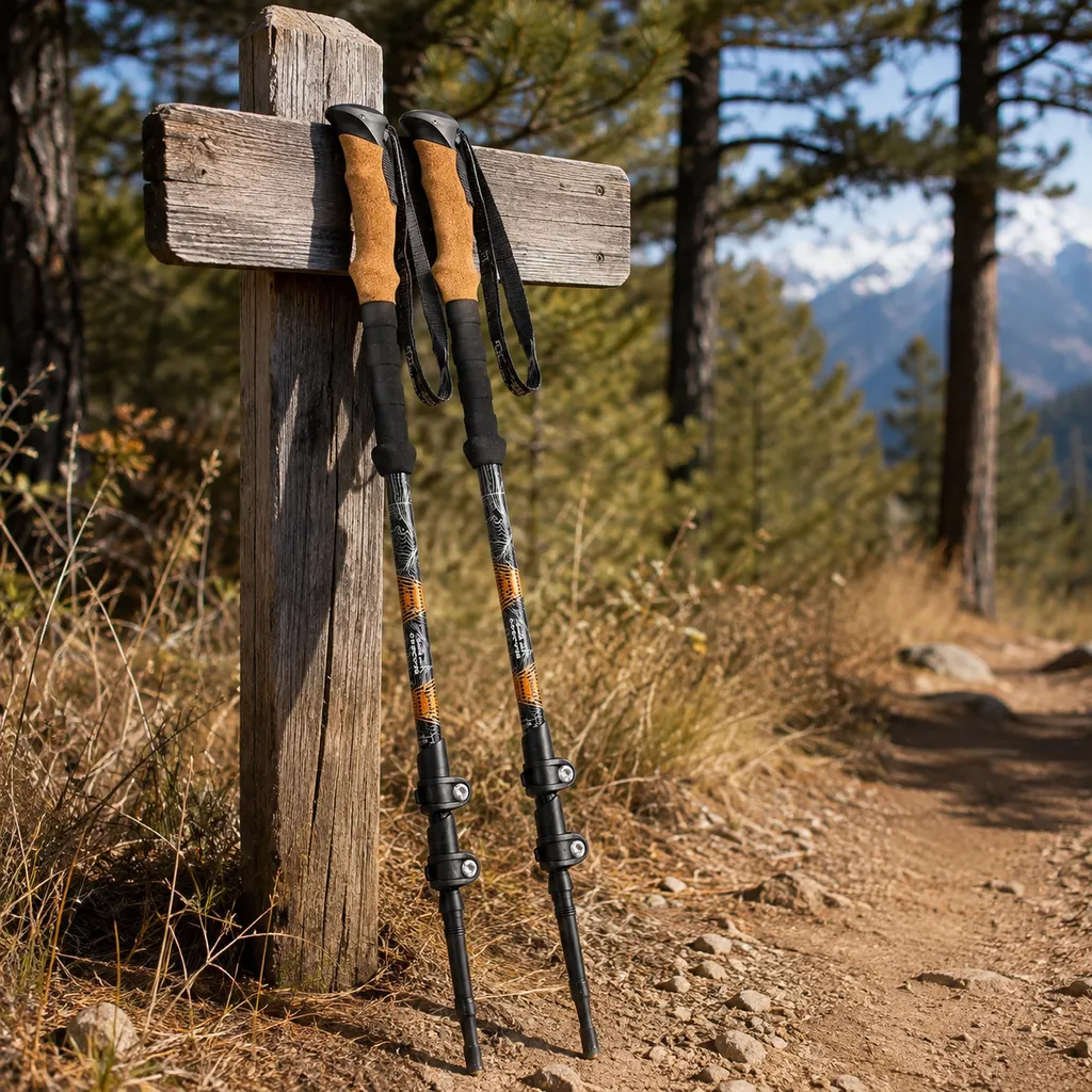 Cascade Mountain Tech aluminium trekking poles against a wooden trail signpost