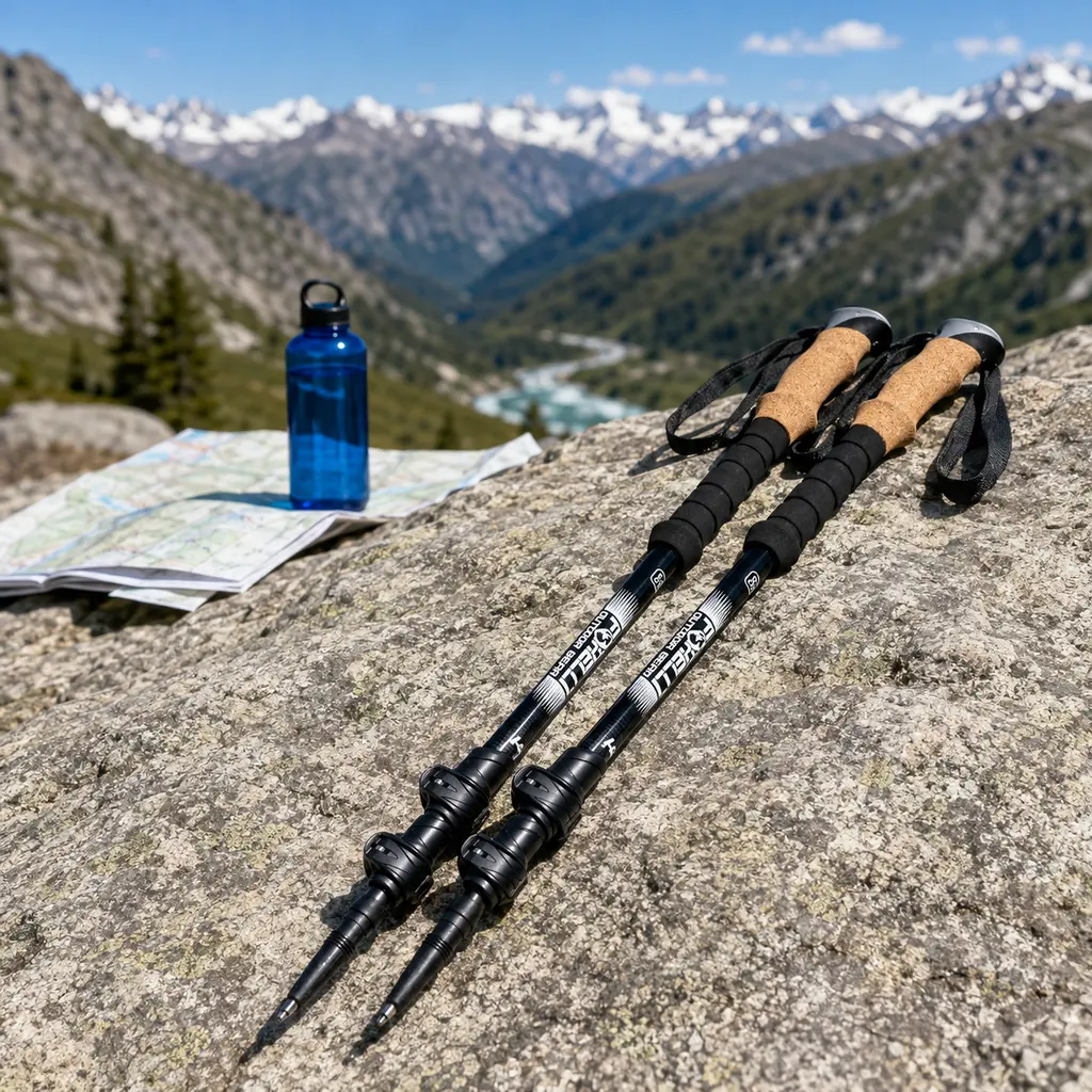 Foxelli carbon fibre trekking poles laid across a granite slab above a valley