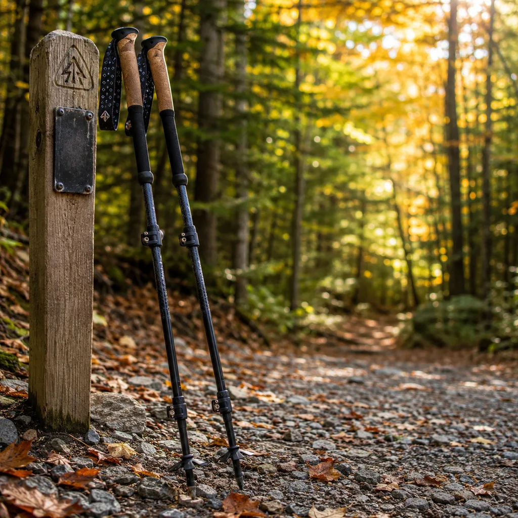 Comparing the best trekking poles, a pair standing in gravel at a forest trailhead