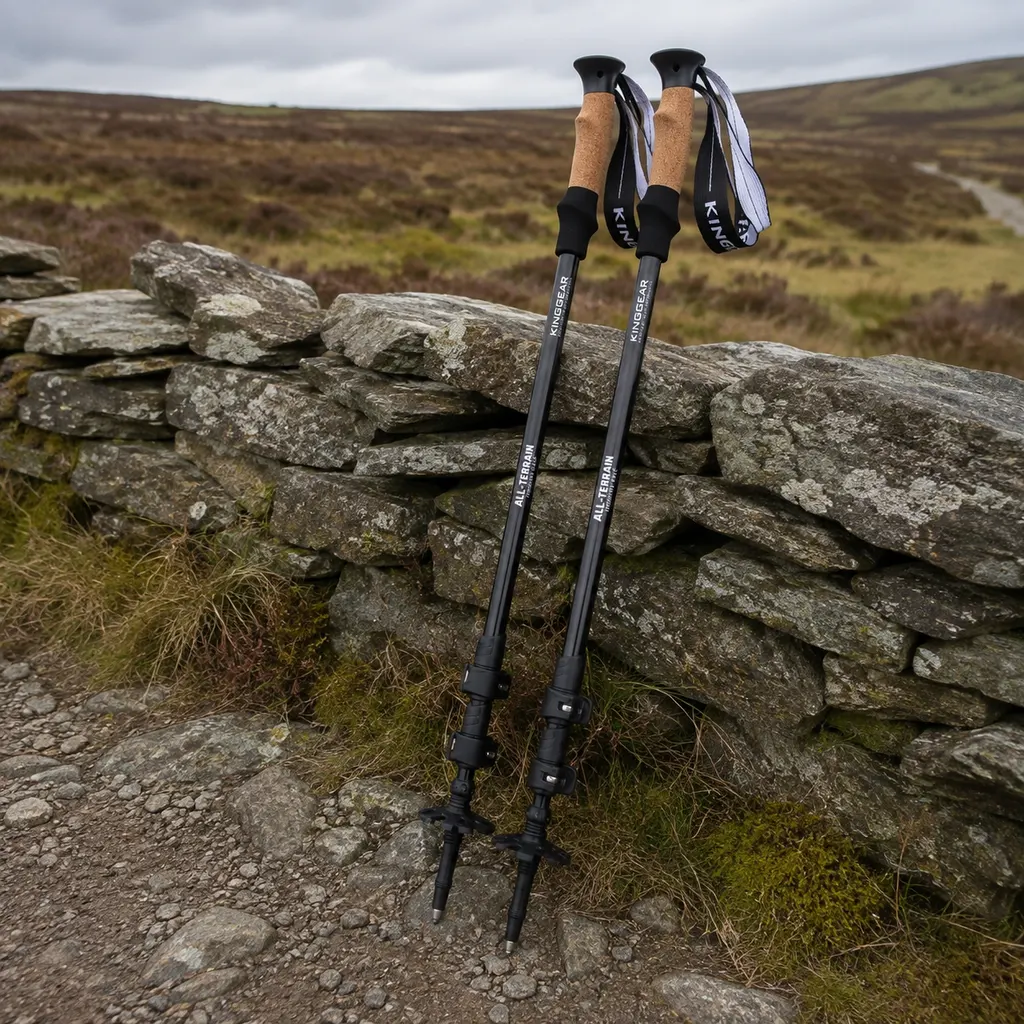 KINGGEAR 7075 aluminium trekking poles leaning against a dry stone wall on moorland