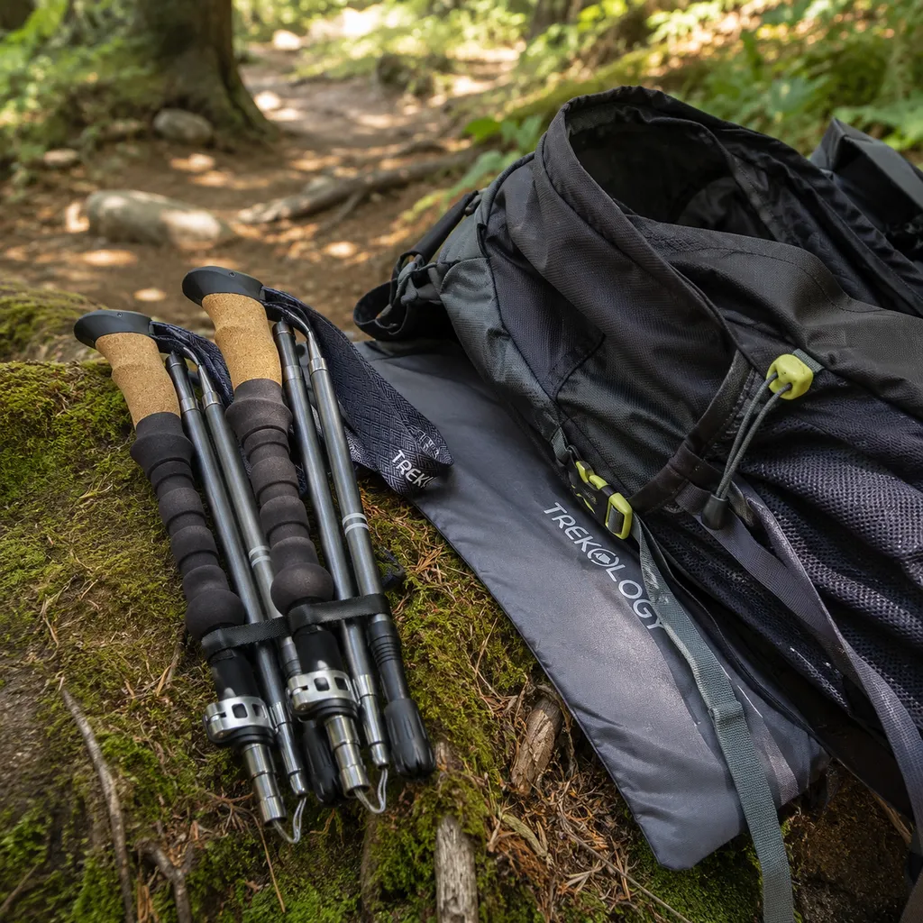 Trekology Trek-Z folding poles collapsed on a mossy log beside an open day pack