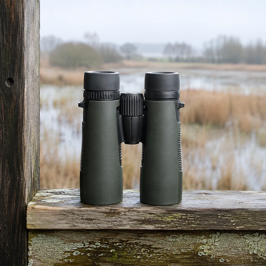 Vortex Diamondback HD 8x42 binoculars on a timber hide windowsill over a marsh