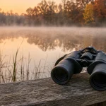 Binoculars resting on a fence rail beside a misty lake at sunrise in autumn
